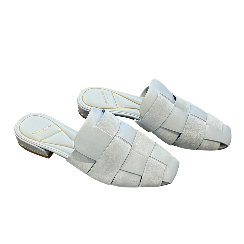 Kenneth Cole Faina Slip On Mules Light Blue Woven Leather Slide Sandal Women 7.5